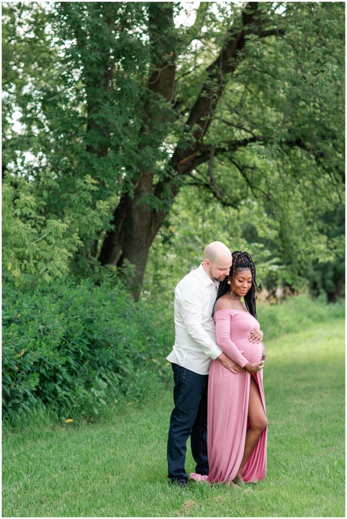 Maternity photo blush pink maternity gown with floral crown | Iowa Maternity Photographer | CB Studio