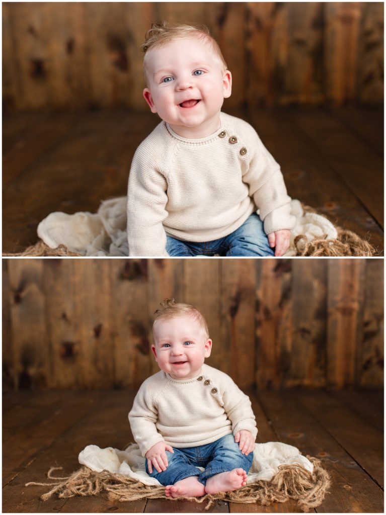 6 month old baby boy sitting on textured rugs blankets on a wood background wearing a cream colored sweater | Sitter Session | Iowa Baby Photographer | CB Studio