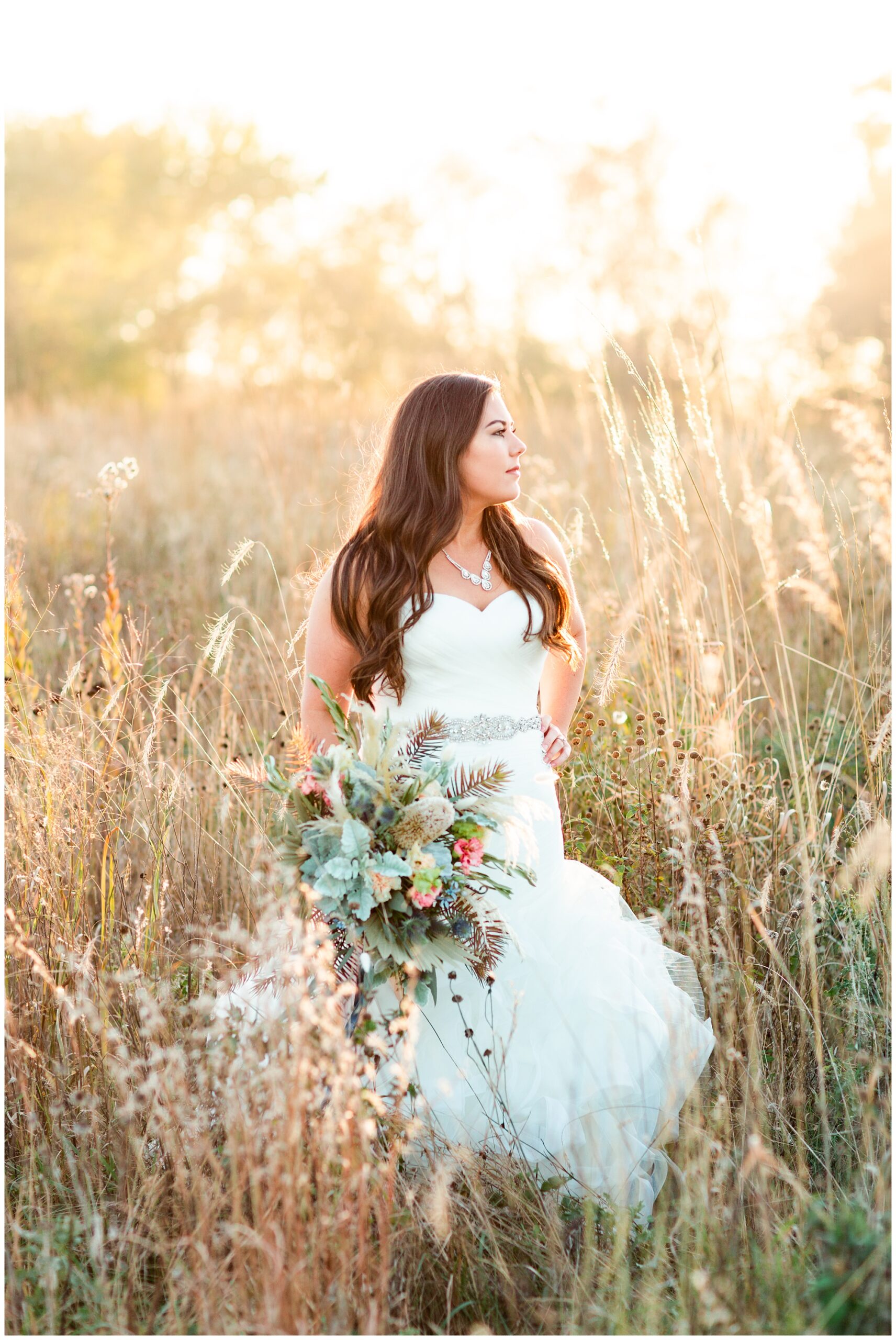 Fall bridal portrait in a tall grassy field