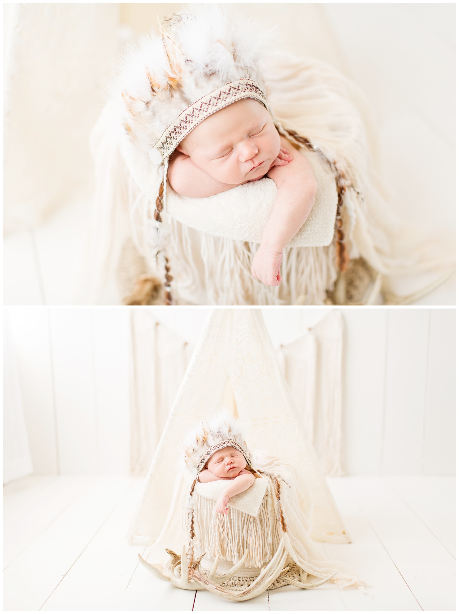 Newborn baby posing in an Indian theme photography set up wearing an Indian headdress