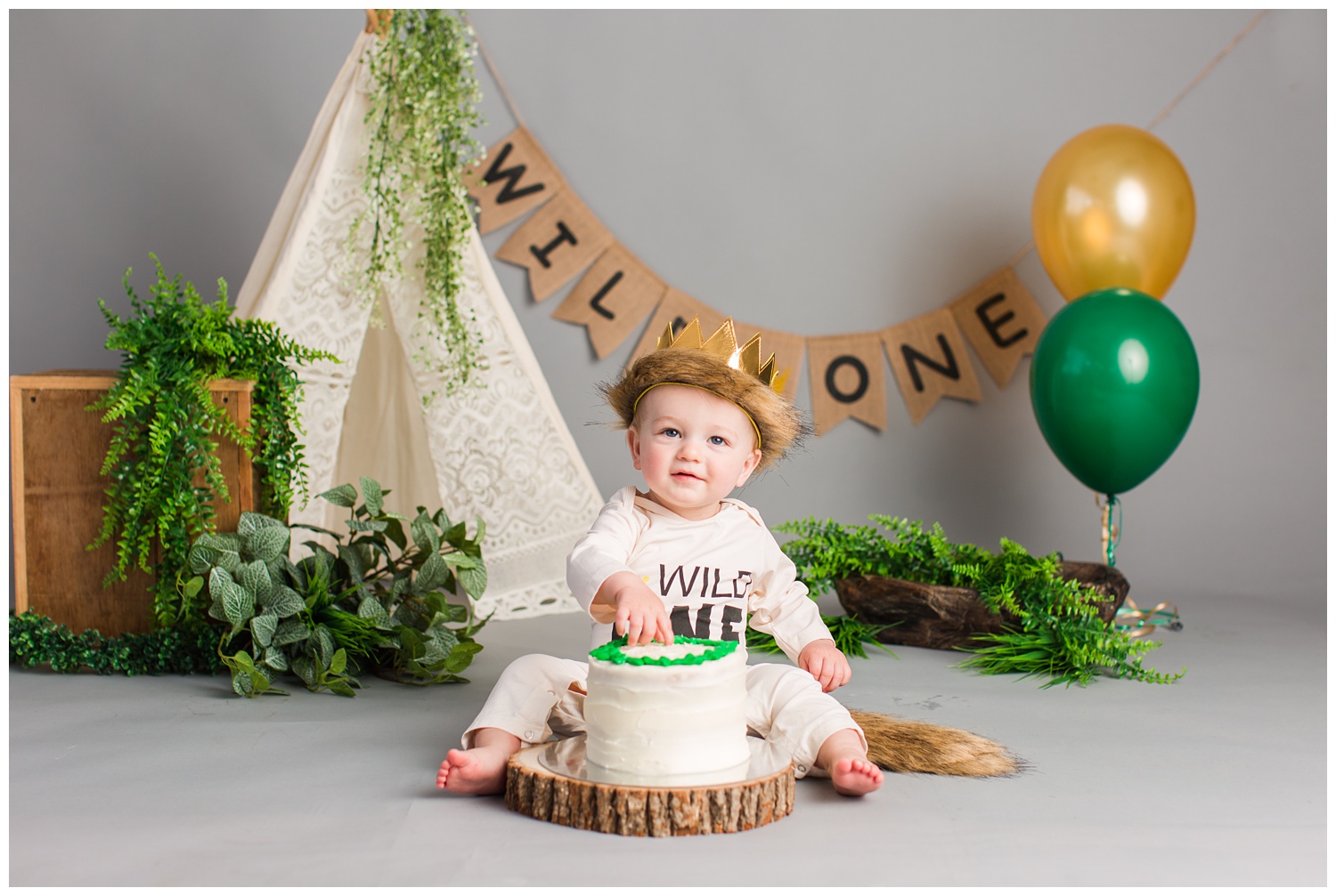 Baby Cullen poses for Where The Wild Things Are themed cake smash photoshoot.