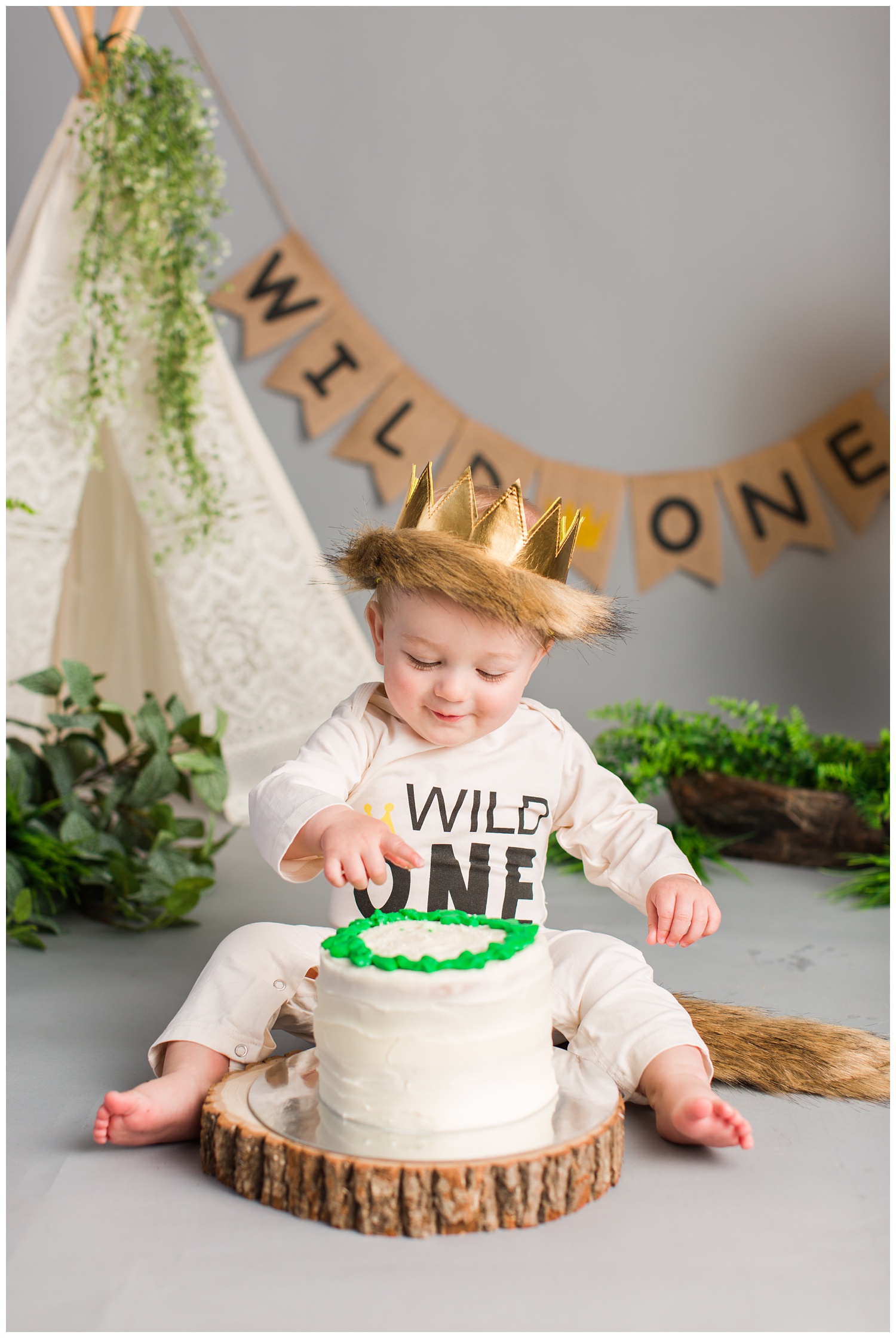 Baby Cullen poses for Where The Wild Things Are themed cake smash photoshoot.
