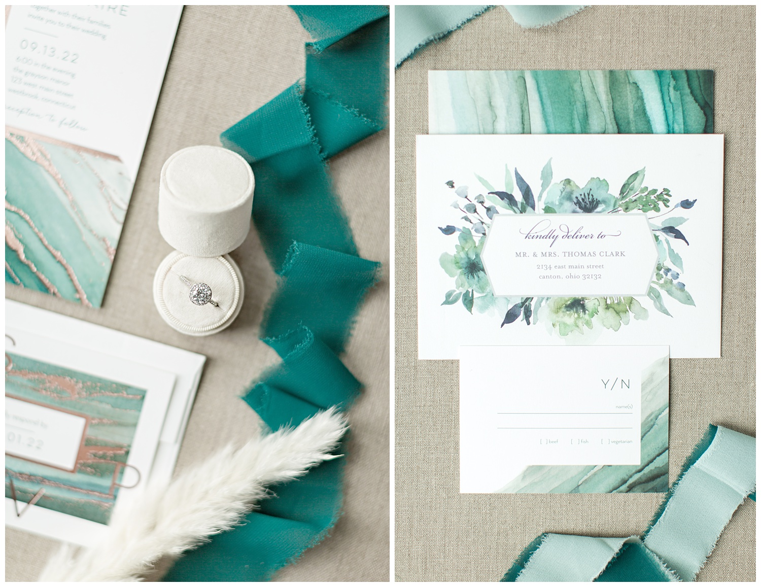 Teal watercolor and copper foil stamped wedding invitation suite from Shutterfly beautifully styled with pampas grass, cream ring box and teal frayed edge ribbon.