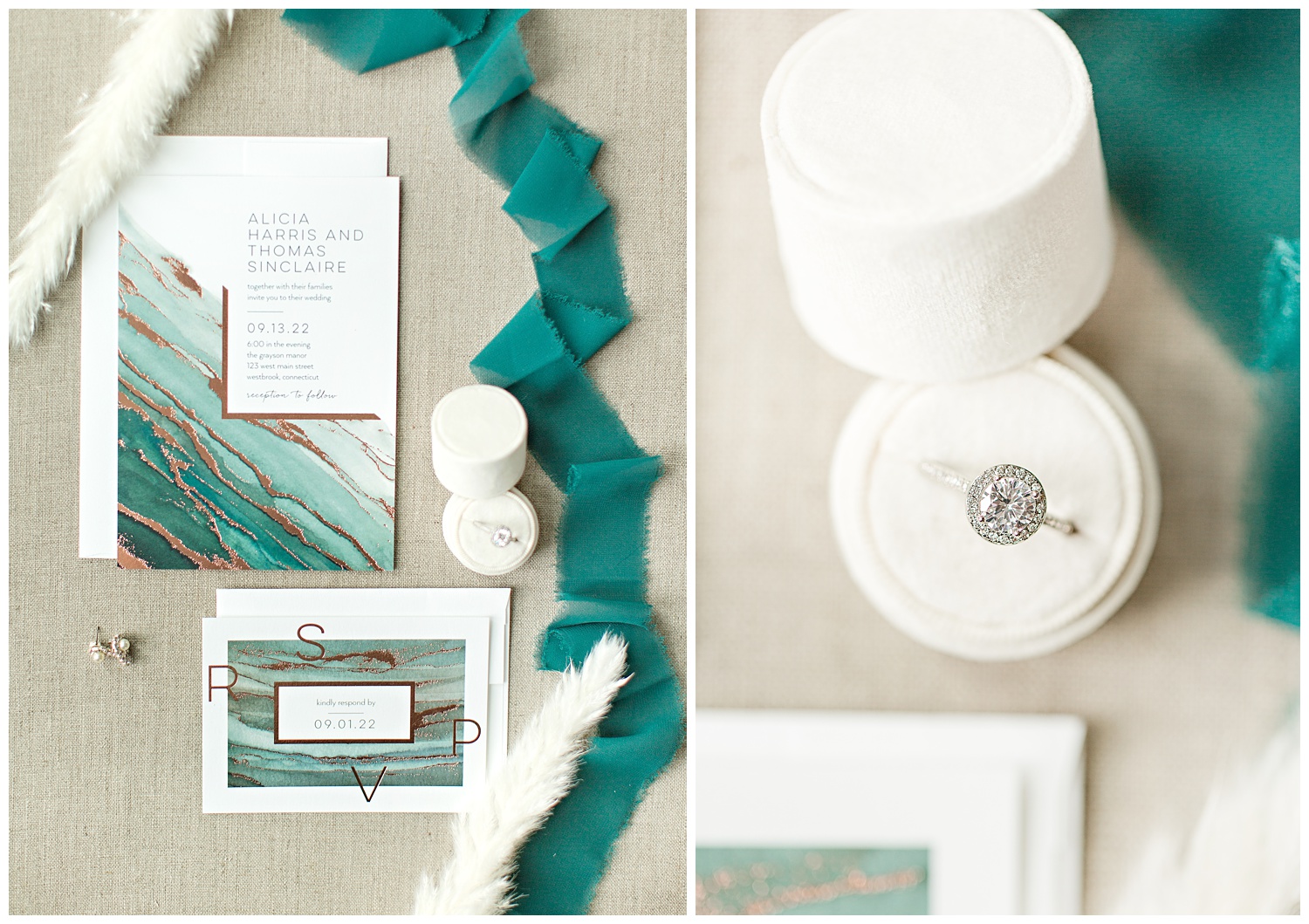 Teal watercolor and copper foil stamped wedding invitation suite from Shutterfly beautifully styled with pampas grass, cream ring box and teal frayed edge ribbon.