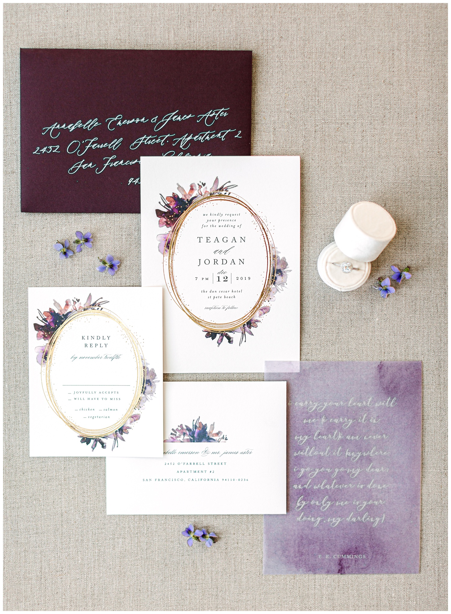 Deep purple and plum watercolor floral wedding invitation suite from Minted complete with gold foil and vellum overlay beautifully styled with purple florals and a cream ring box.