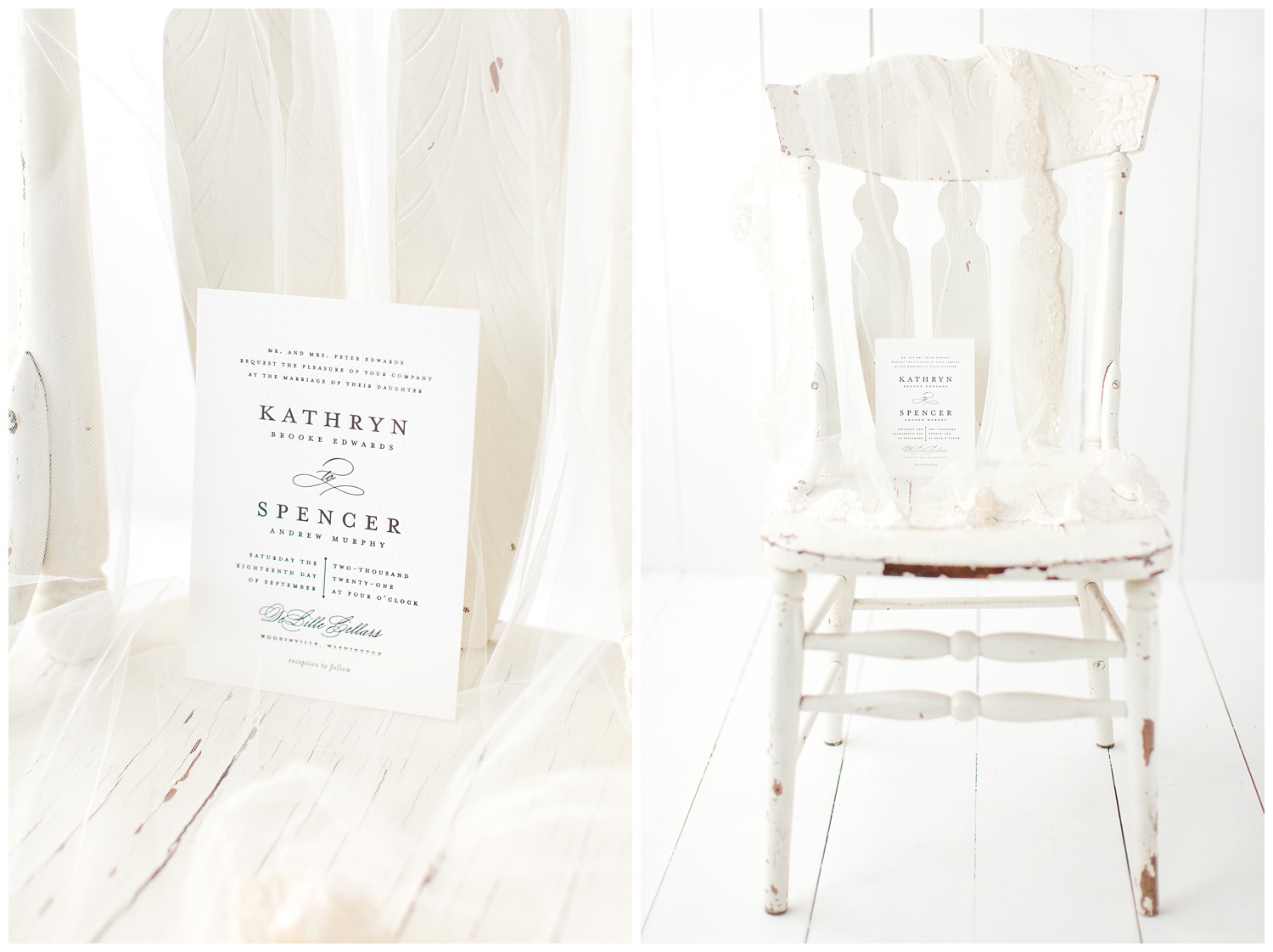 Simple white letter-pressed wedding invitation on linen paper from Minted beautifully styled with an antique white chair and wedding veil.