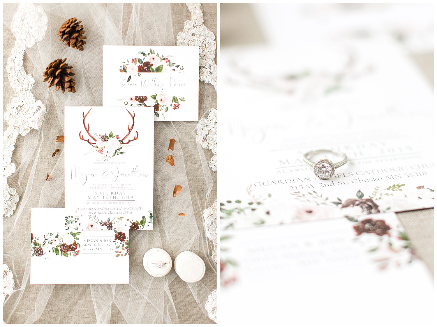Brown, green and cream watercolor floral/deer antler wedding invitation from Phoenix Home Studio beautifully styled on a wedding veil complete with pine comes and cream ring box.
