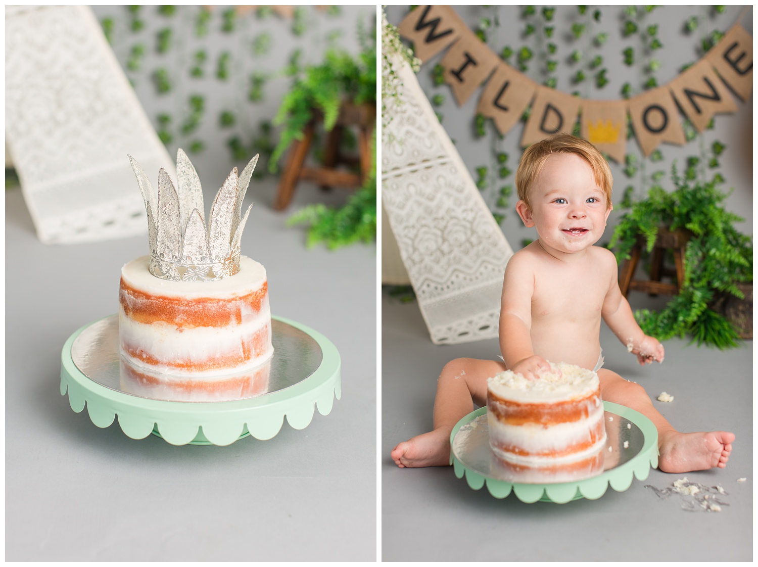 Wild One Where the Wild Things Are themed cake smash photography with a naked cake with a crown cake topper | CB Studio