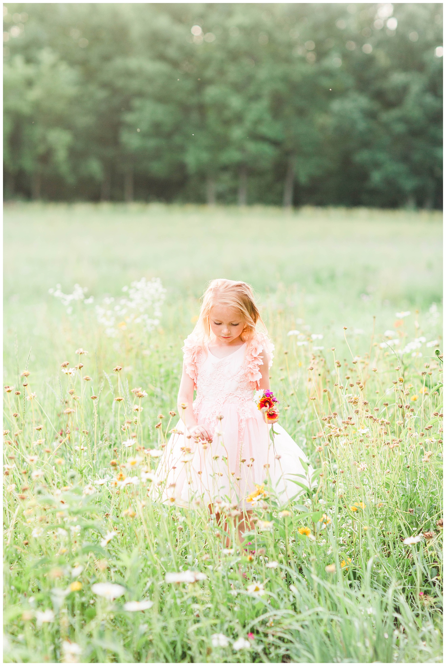 Little Liella stands in a field of wild flowers holding a bouquet wearing tutu du monde couture dress by Trish Scully | CB Studio