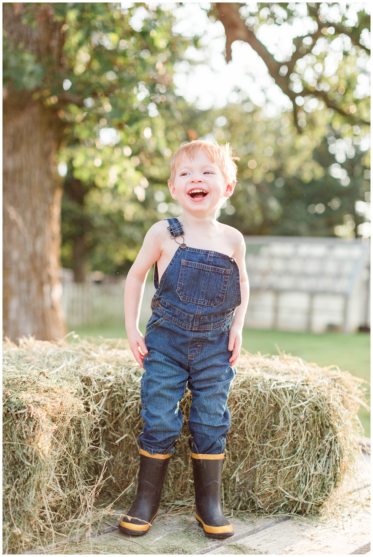 Little farm boy wearing overall bibs and boots laughing on the hay rack with hay bales | CB Studio