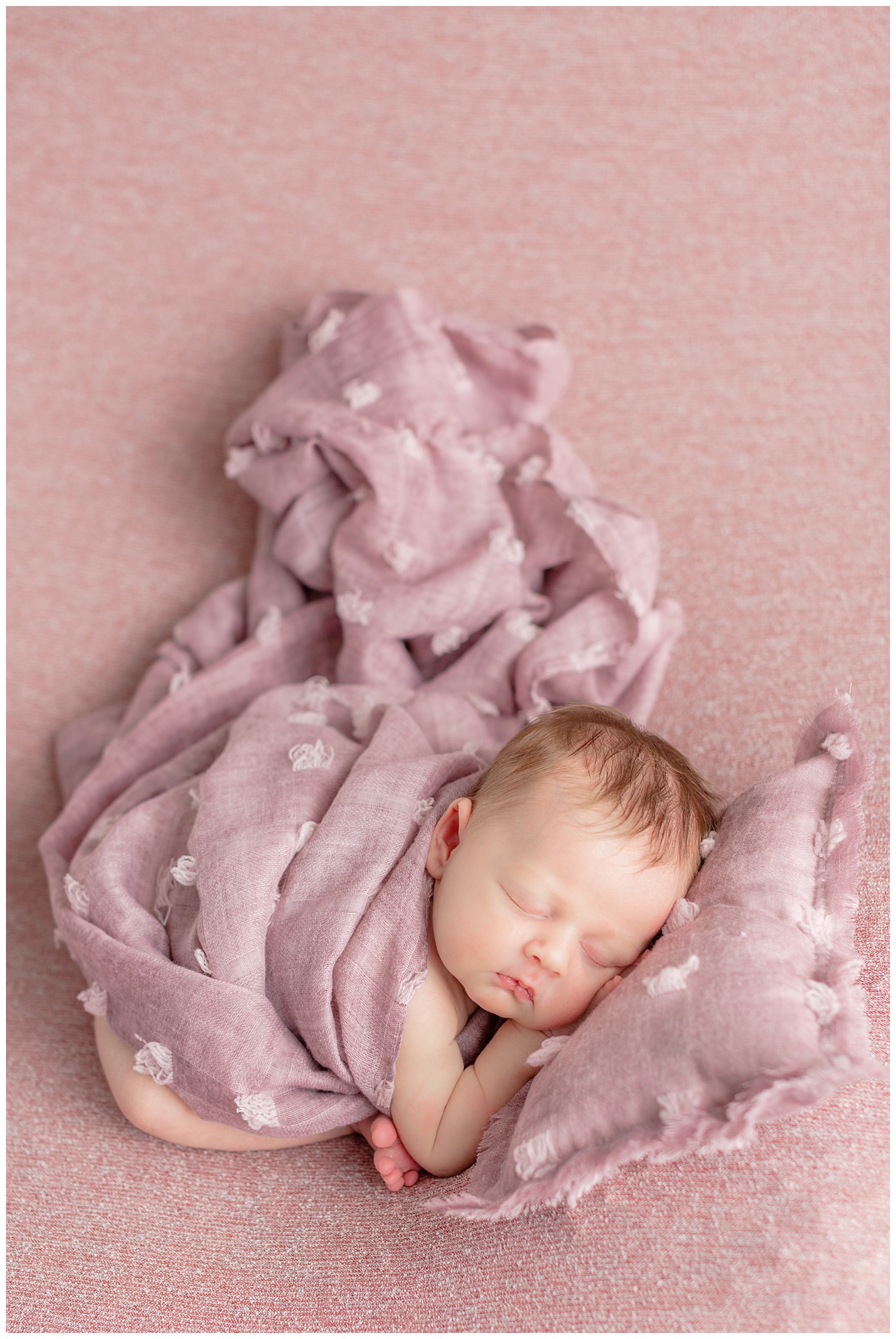Newborn baby girl posed on mauve colored stretch fabric snuggled in a taco pose with a textured pillow and wrap. | CB Studio