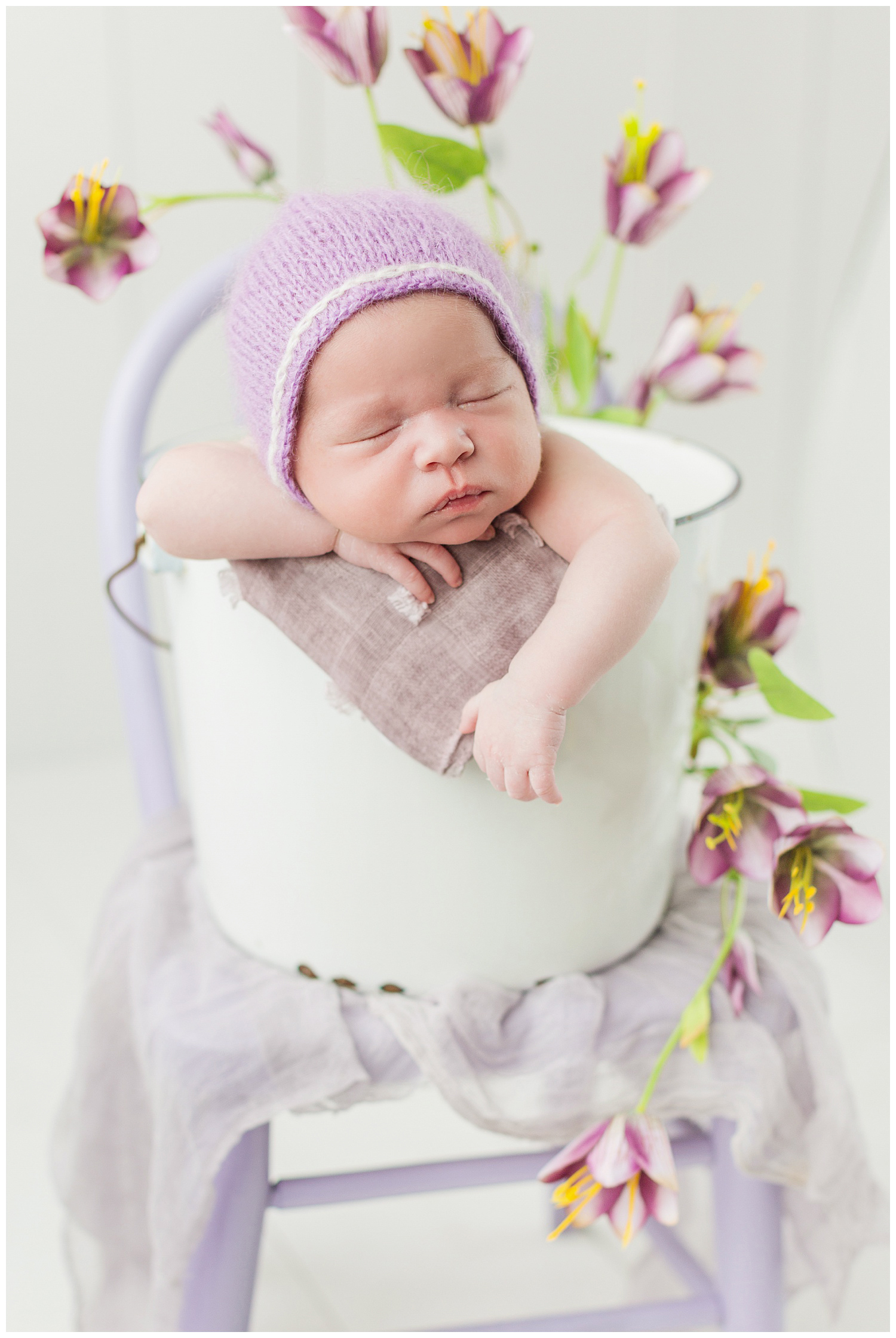 Baby Emma nestled in a bucket pose with purple florals surrounding her | CB Studio