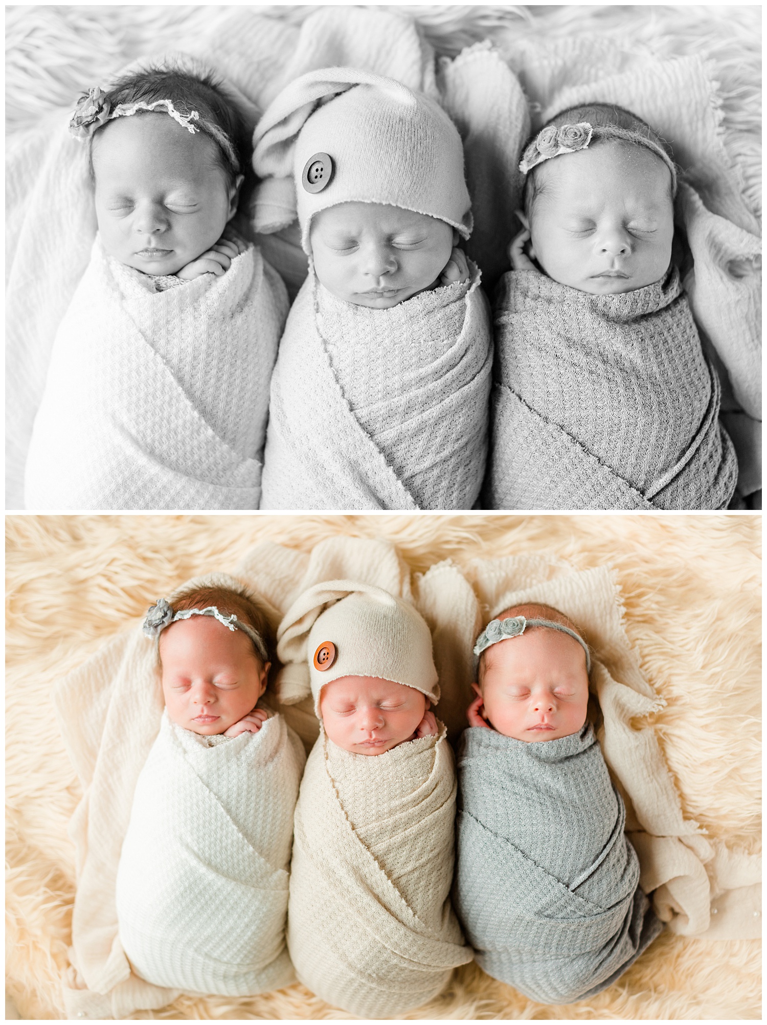 Triplet newborns Emery, Turner and Lydia snuggled together wrapped up in neutral colors | CB Studio