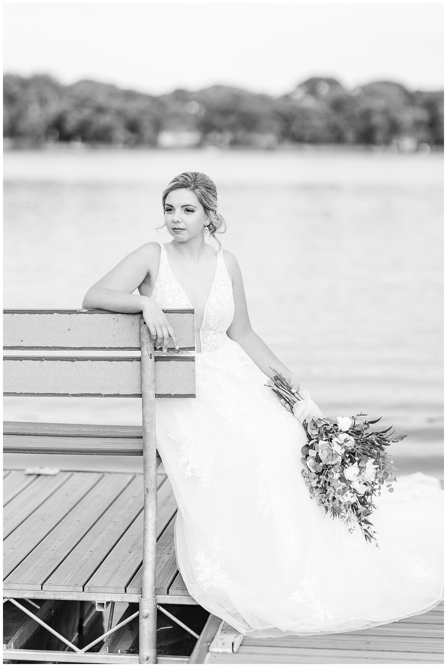 Beautiful bride waiting dockside at the Shores at Five Island | CB Studio