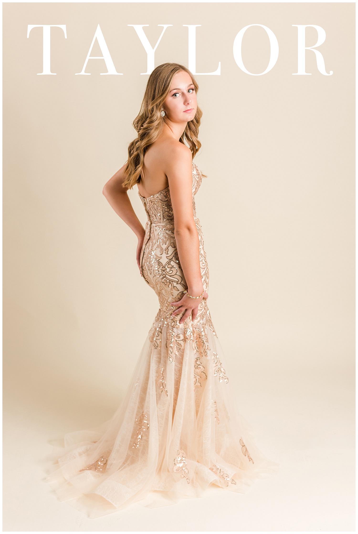 Taylor poses in a Morilee prom dress for a magazine cover | CB Studio