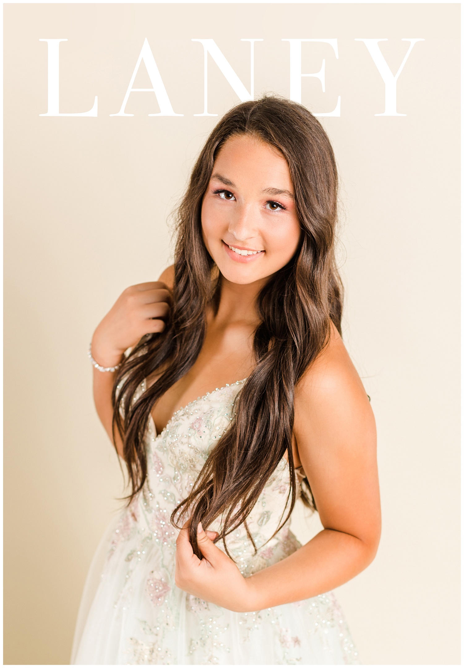 Laney poses in a Morilee prom dress for a magazine cover | CB Studio