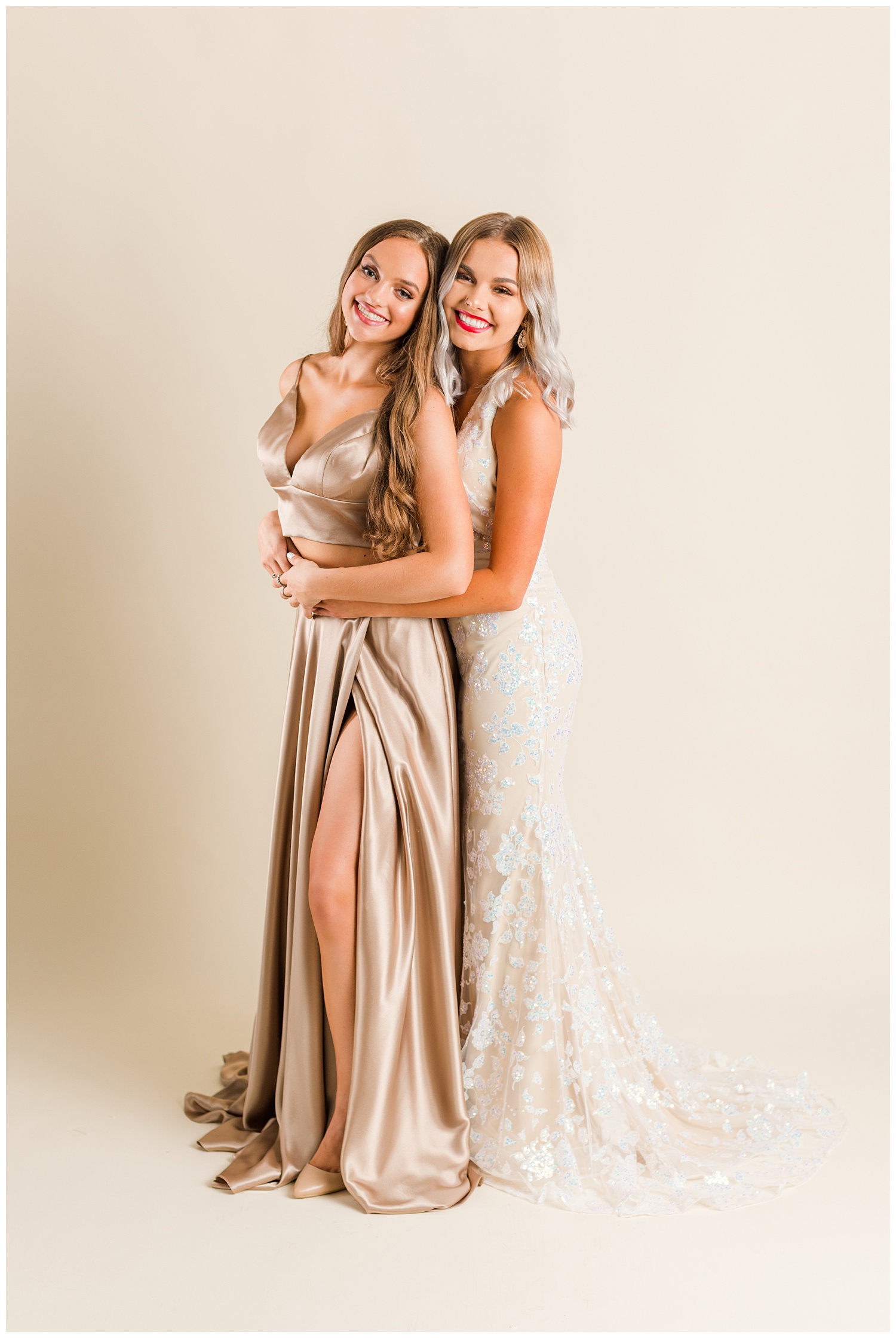 Addison poses in a Colette prom dress and Kennedy in a Sherri Hill prom dress for a magazine cover | CB Studio