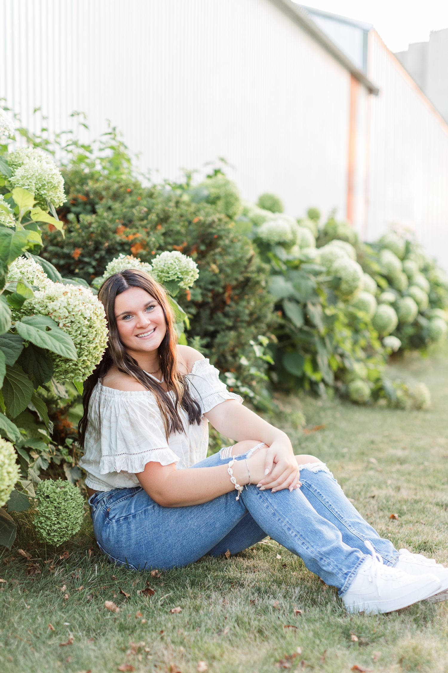 Lily sits along a row of green hydrangea bushes in rural Iowa | CB Studio