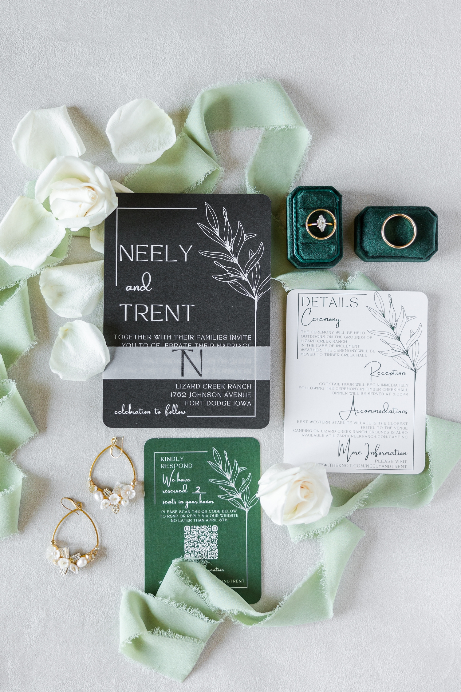 Wedding invitation suite flatlay featuring shades of green and white roses | CB Studio