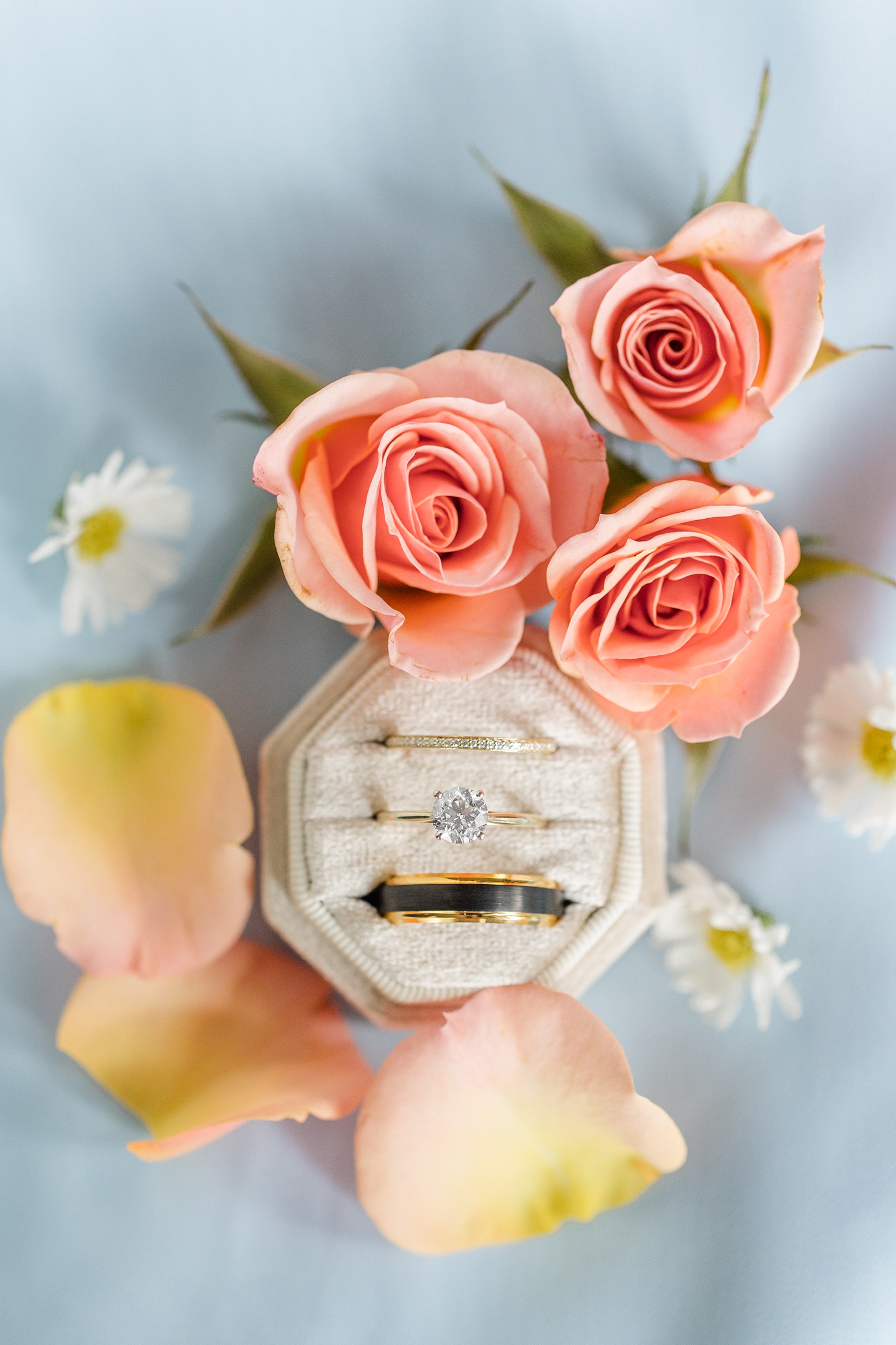 Bride and groom gold wedding bands set in an ivory Mrs. Box surrounded by coral roses and mini daisies | CB Studio