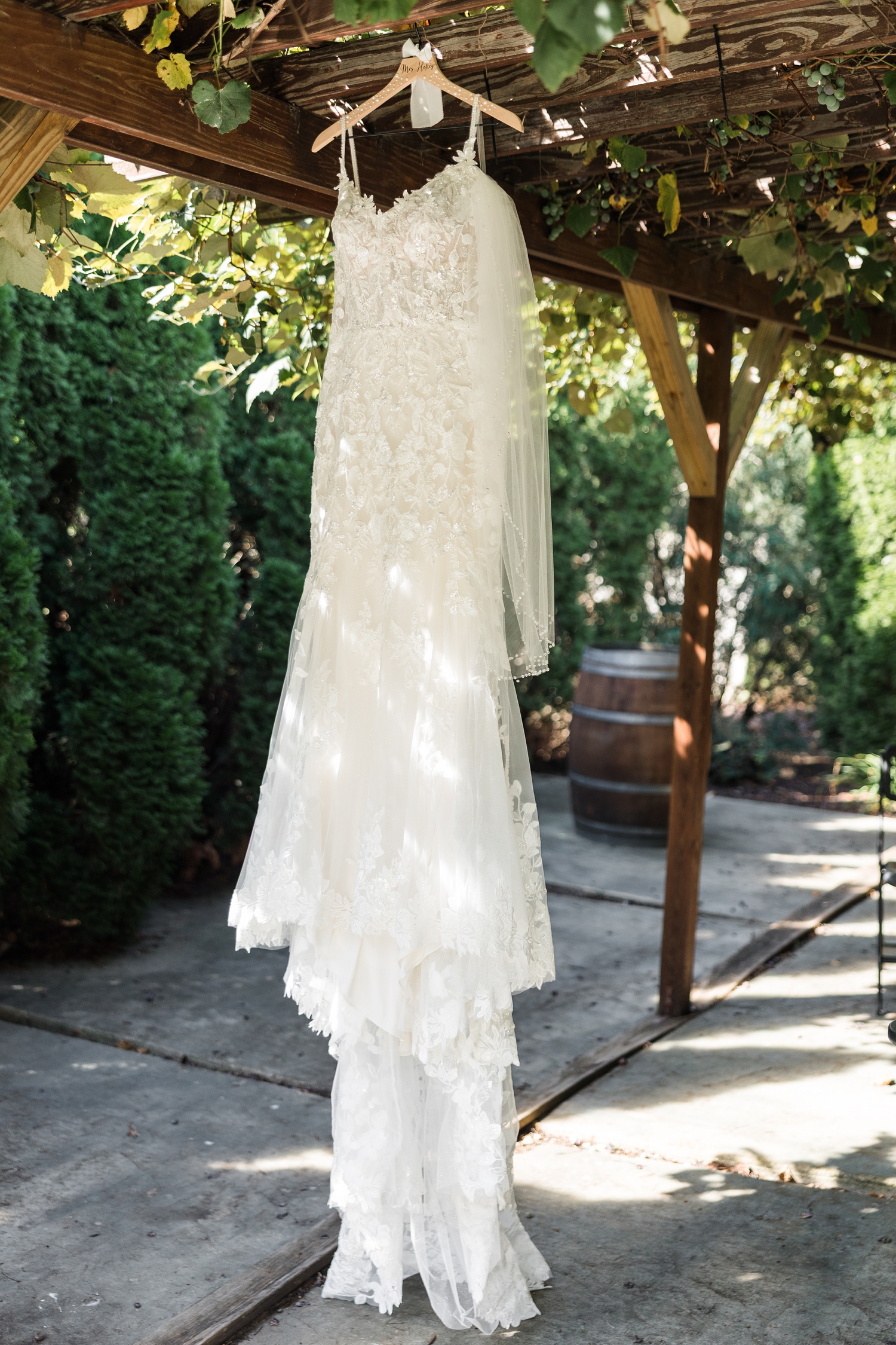 Cassie's wedding gown from Urban Dress Co. hand from the grape vine covered rafters of a patio section at River Valley Orchards | CB Studio
